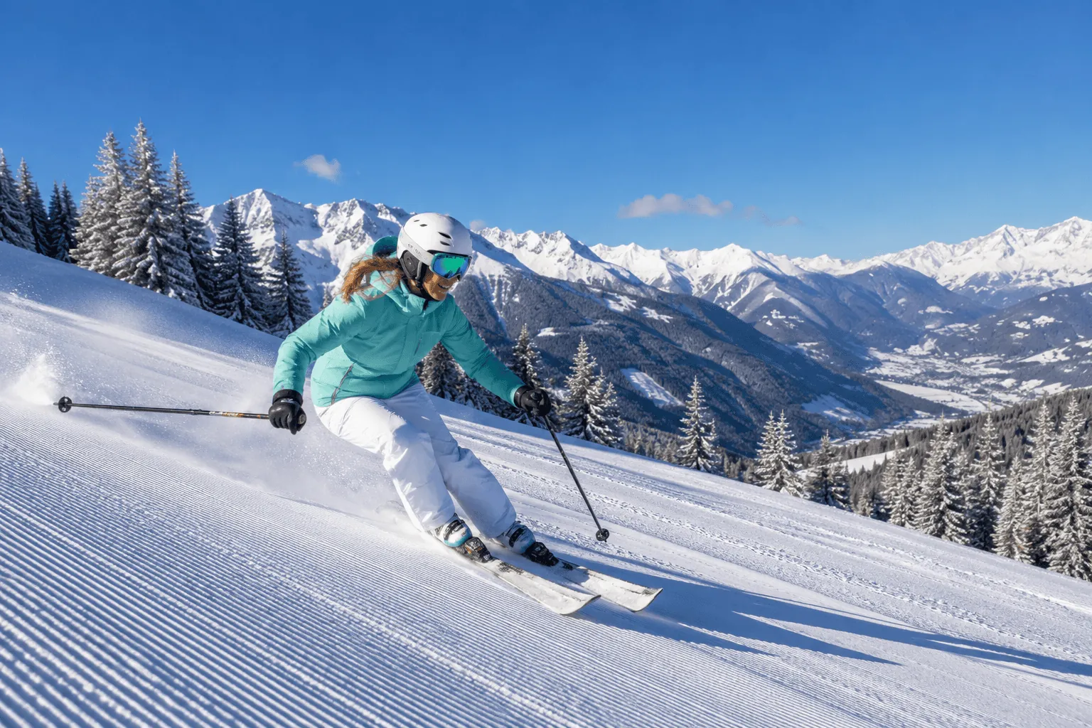 Una sciatrice in discesa su una pista della Val di Sole, con le Alpi sullo sfondo