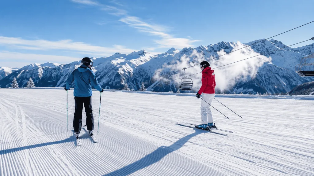 Due sciatori su una pista appena battuta della skiarea sopra Dimaro Folgarida
